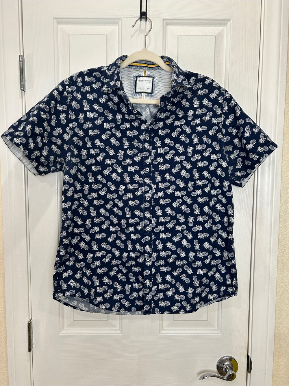 Denim & Flower by Ricky Singh Navy Blue Pineapple Print Short Sleeve Button-Up